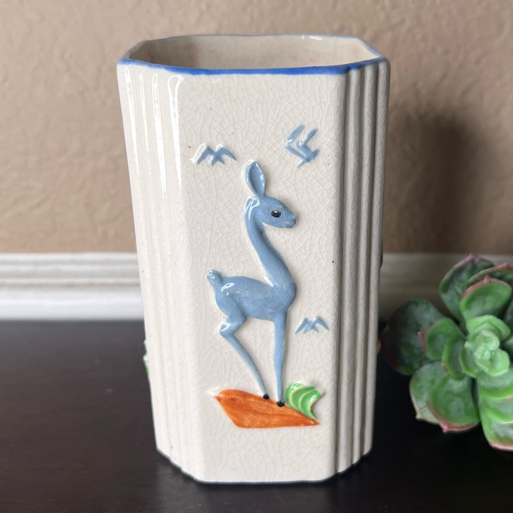 Vintage Pre-WWII Japanese Square Vase, 1930s Art Deco Form, Stylized Deer